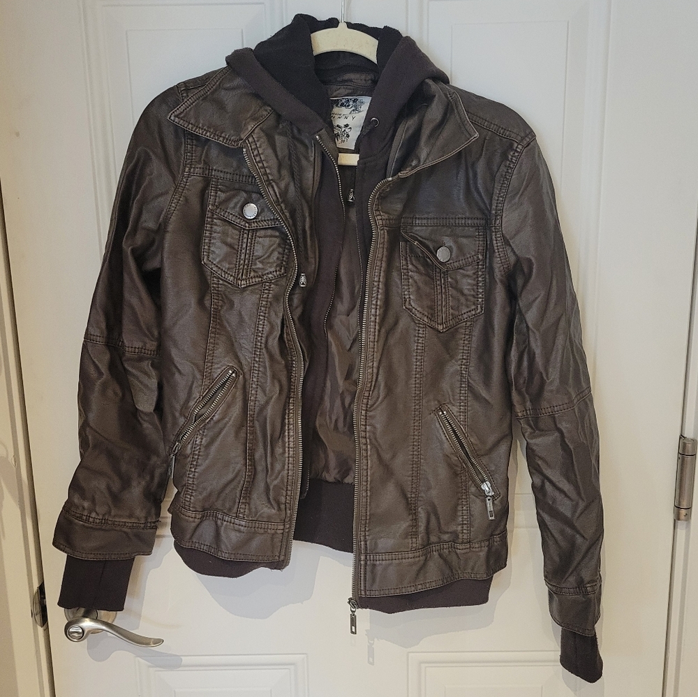 Hooded faux leather jacket